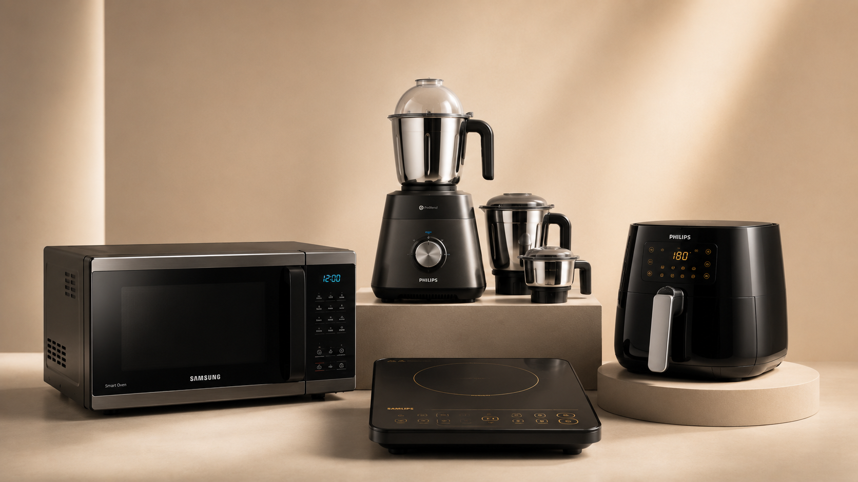 Microwave, mixer grinder, induction cooktop and air fryer