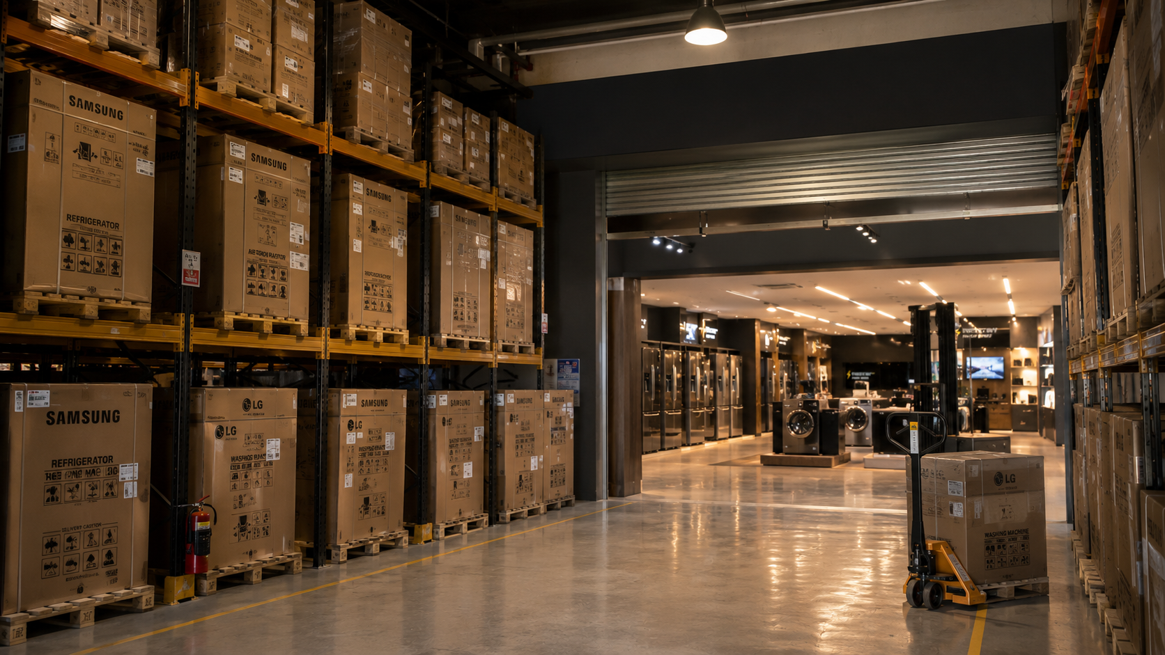 Factory-outlet warehouse connected to the appliance showroom