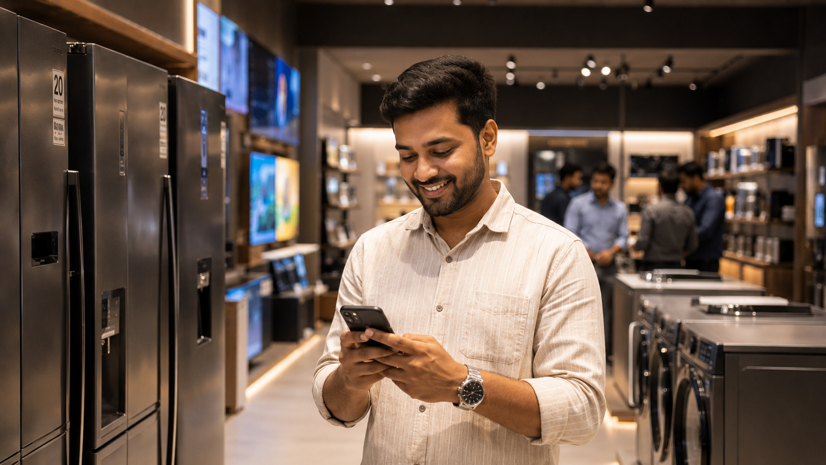 Customer using WhatsApp while browsing appliances in the showroom