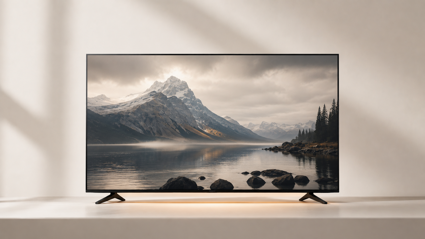 Large smart television displaying a dramatic coastline