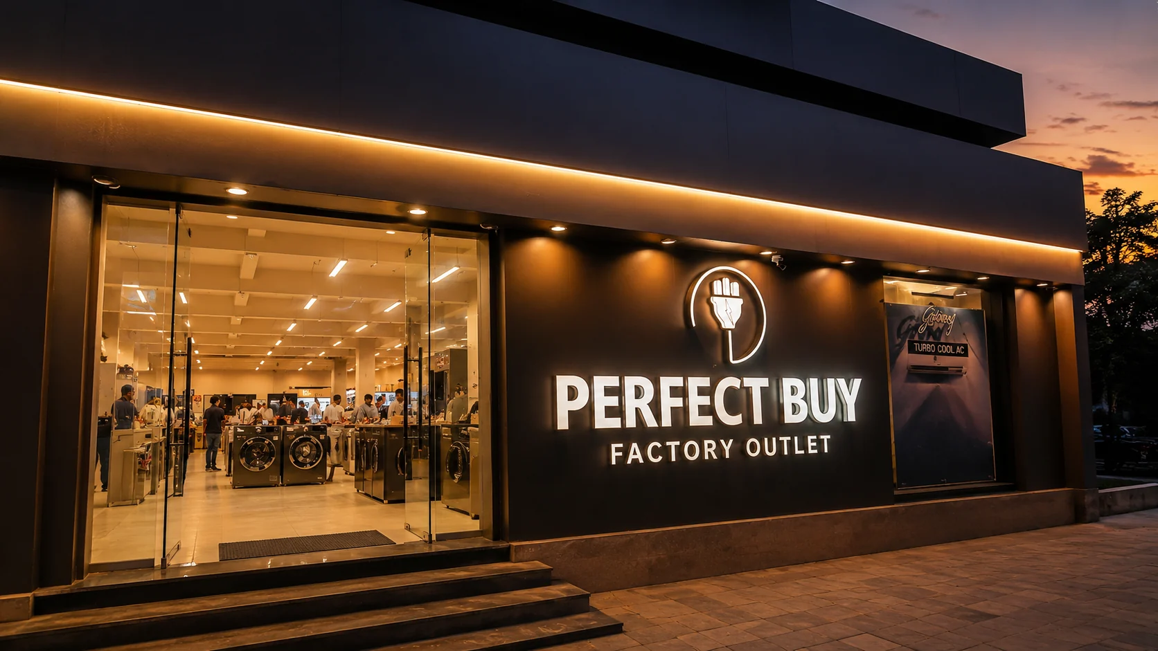 Perfect Buy Factory Outlet Bhiwandi showroom exterior at sunset