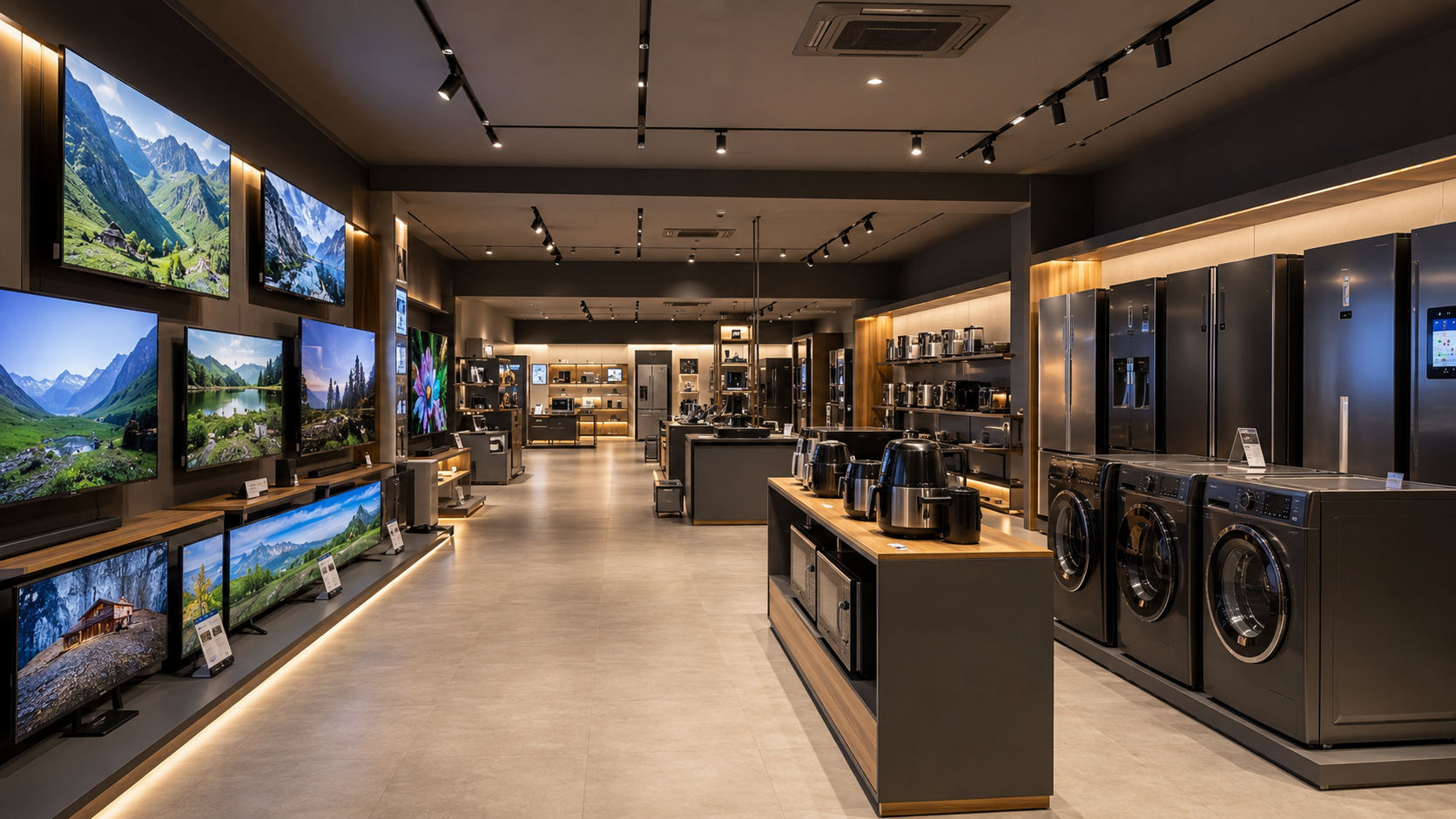 Wide interior view of the Perfect Buy appliance showroom