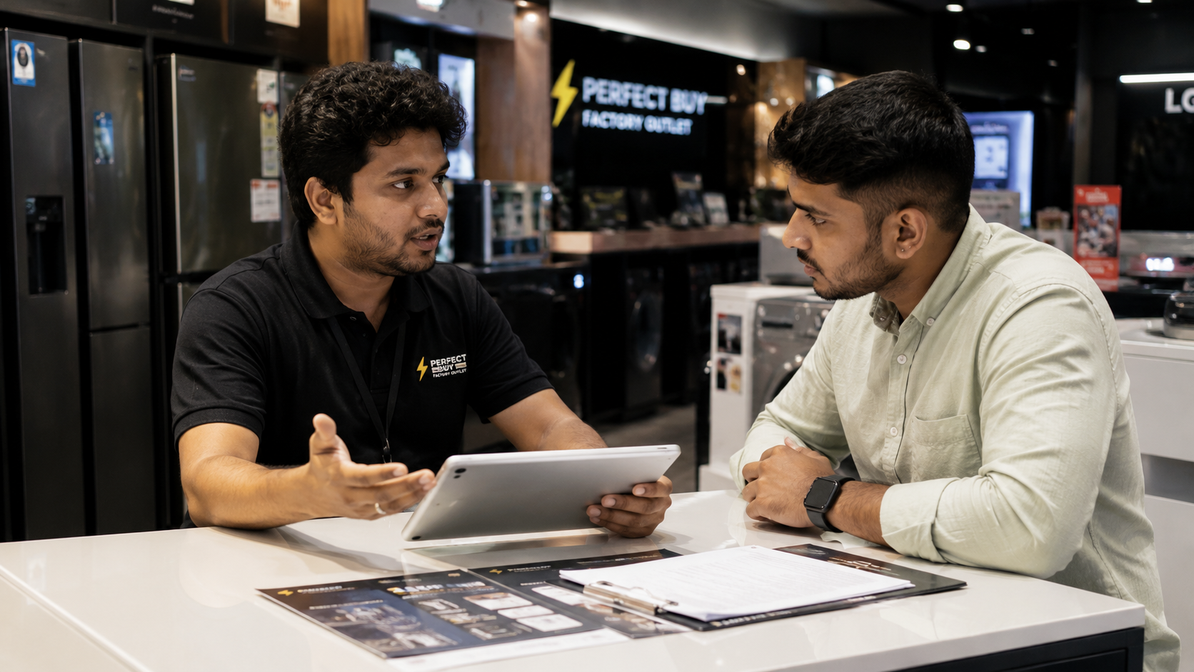 Perfect Buy team member consulting with a customer in the showroom